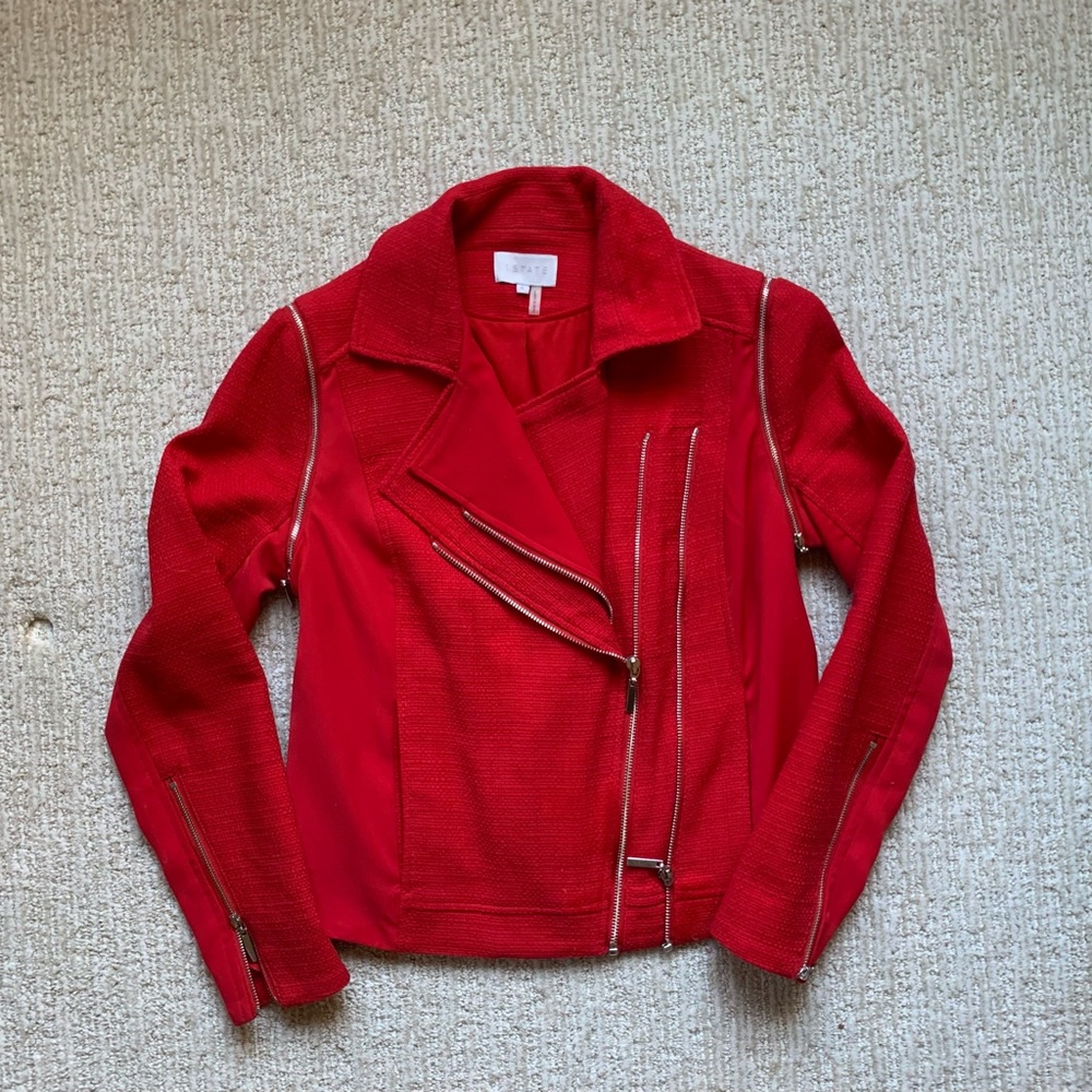 1. State Red Zipper Tweed Moto Biker Jacket